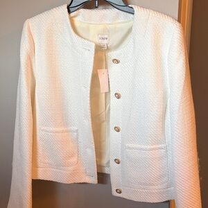 J. Crew Cream Bouclé Collarless Jacket with Gold Buttons
